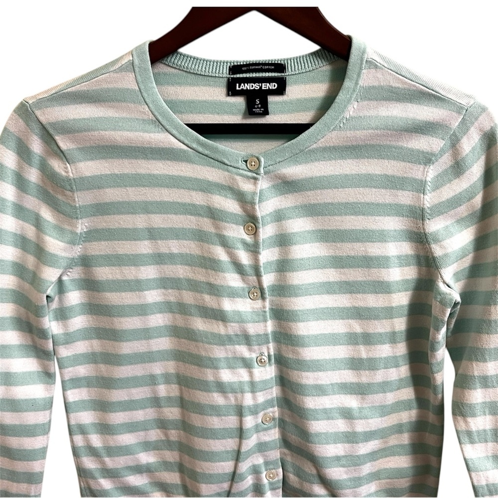 Lands End Womens Mint White Striped Cardigan Sweater 100% Cotton Crew Neck Small